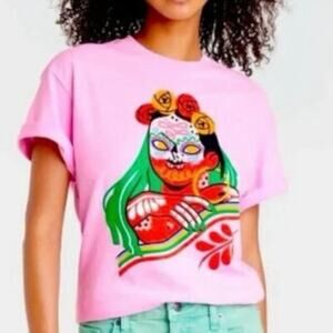 GOLDEN HOUR x Dia Pacheco Sugar Skull Urban Outfitters Graphic Tee Pink Sz S NWT